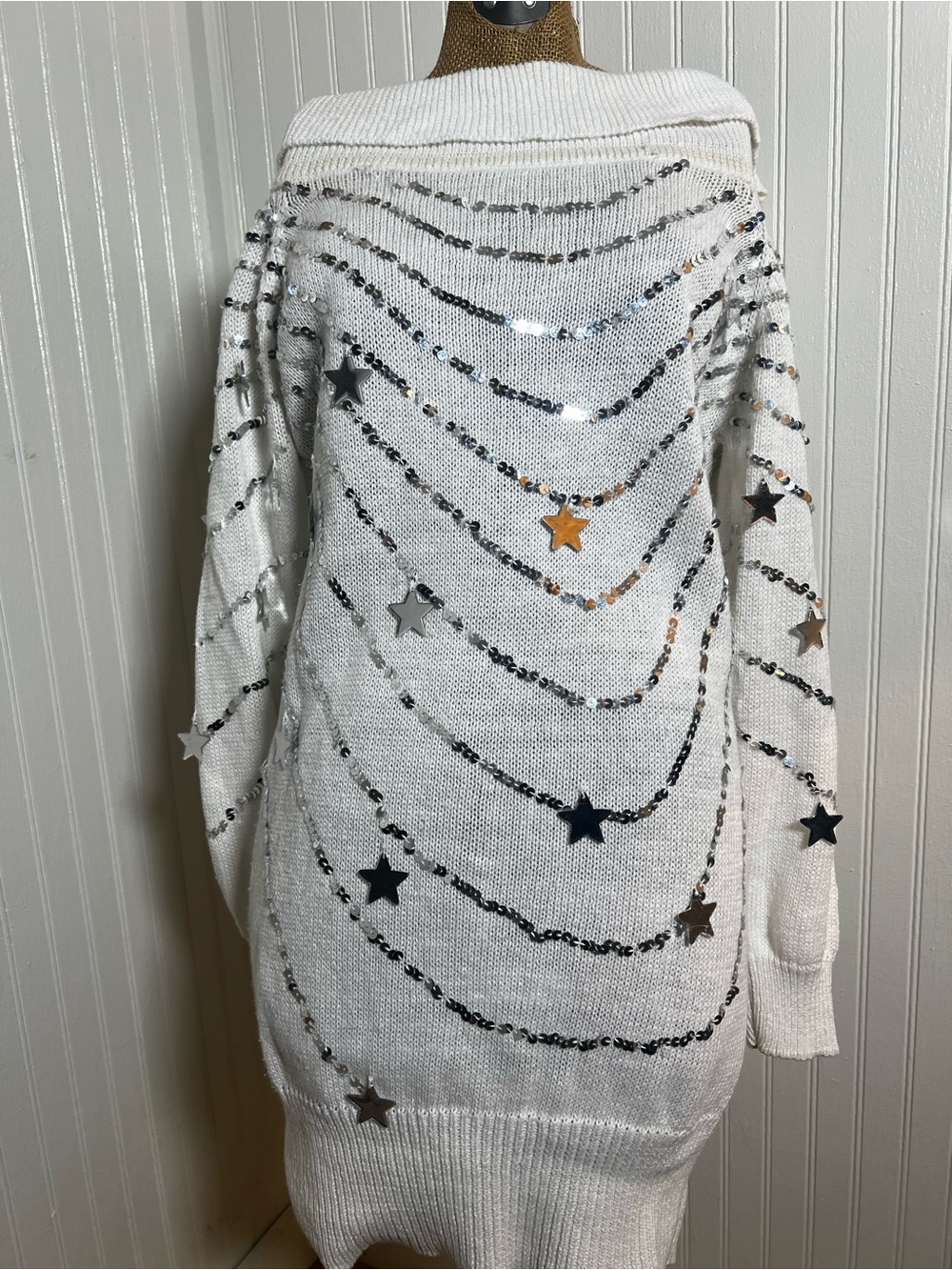 True vintage Bonnie Boerer Sequin Star Off-Shoulder Sweater Dress - White